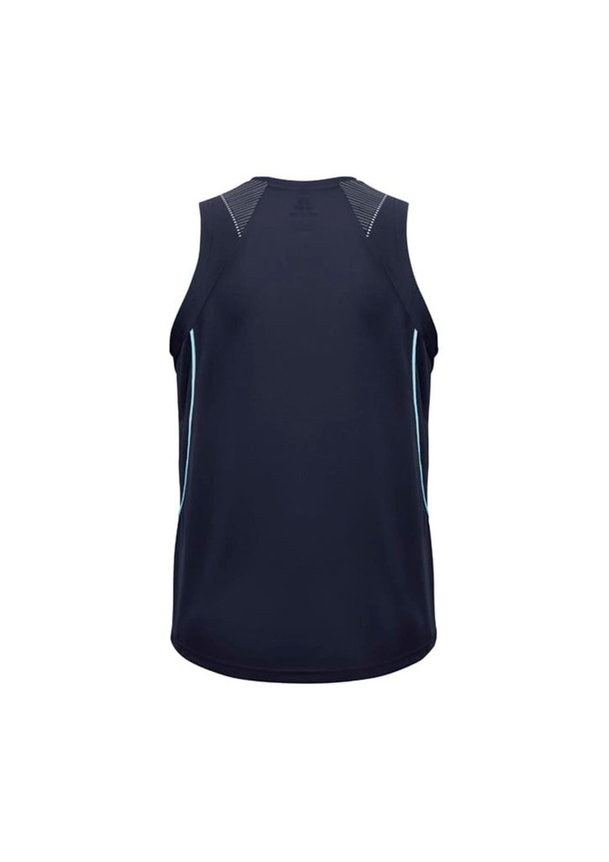 A black men's singlet with blue accents, featuring a logo and a sleeveless design on the back.