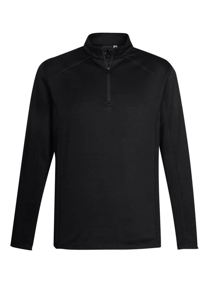 A black men's jumper with a half zip and long sleeves, featuring a logo on the chest.