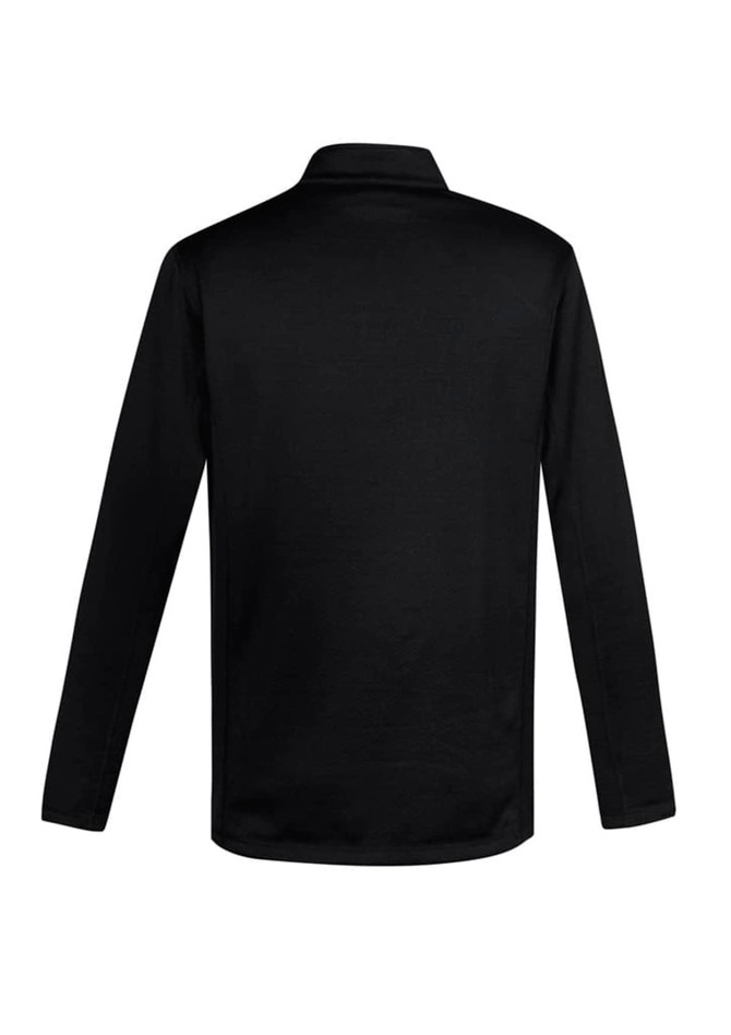 A black long-sleeved jumper with a collar and a logo on the back.
