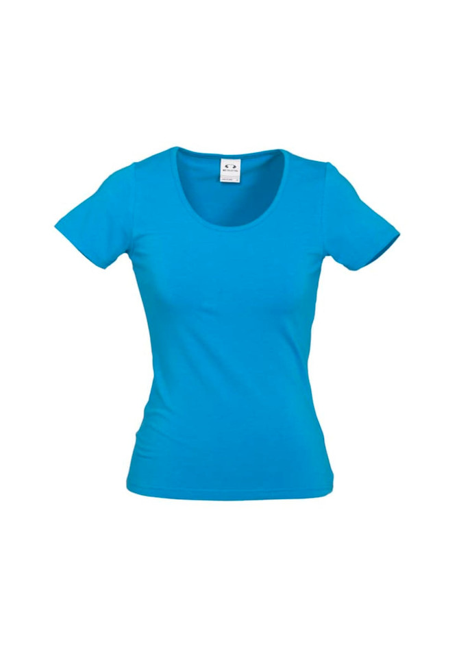 A blue ladies' t-shirt with a scoop neckline and short sleeves, featuring a label and logo.