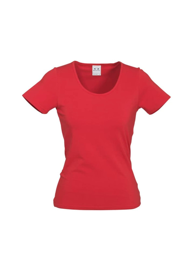 A red women's t-shirt with a scoop neckline and short sleeves, featuring a simple design and a logo.