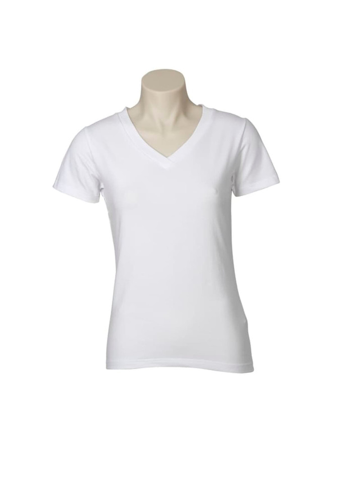 A white ladies' short sleeve tee featuring a V-neck design and a fitted silhouette. It has a logo displayed.