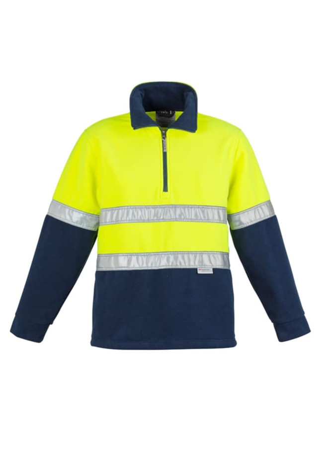 Unisex hi-vis polar fleece pullover in fluorescent yellow and navy, featuring reflective hoop tape and a zippered collar.