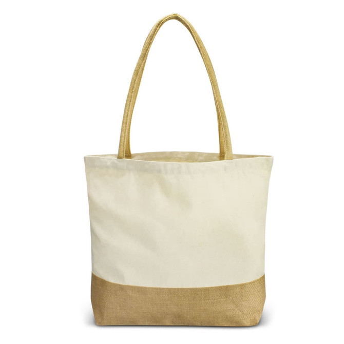 A natural tote bag with a cream upper section and a jute lower section, featuring long, tan handles.