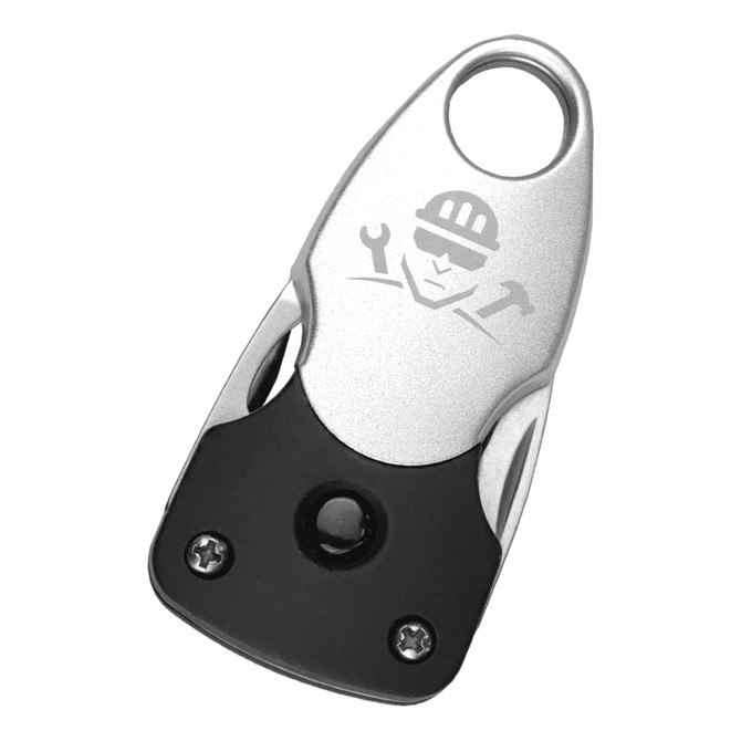 A silver multi-tool keyring with a black base, featuring a logo of a character with tools.