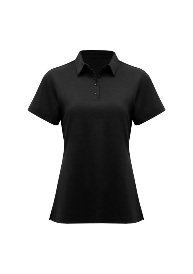 A women's short sleeve polo in black, featuring a collar and a button placket, with a logo on the chest.