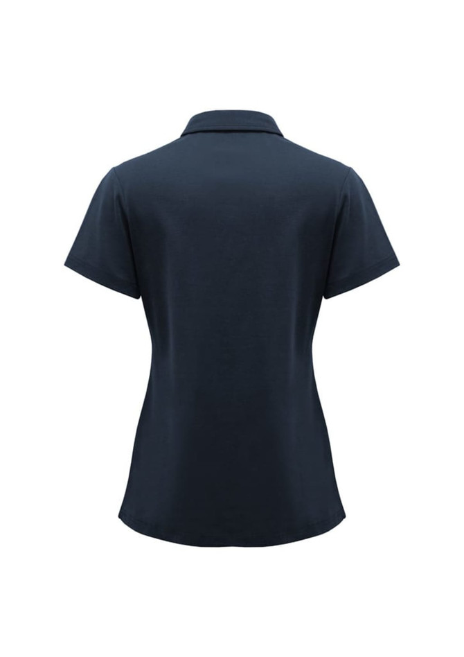 A women's short sleeve polo in navy blue, featuring a classic collar and a fitted design. The garment has a brand logo.