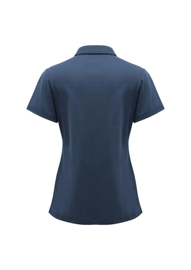 A navy blue women's short sleeve polo shirt with a classic collar and a fitted design on display.