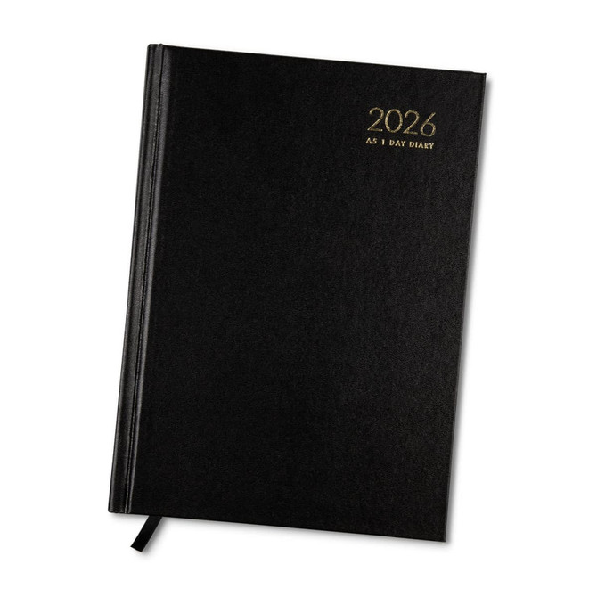 A black A5 diary for 2026 with a textured cover and a ribbon bookmark. It features a logo on the front.