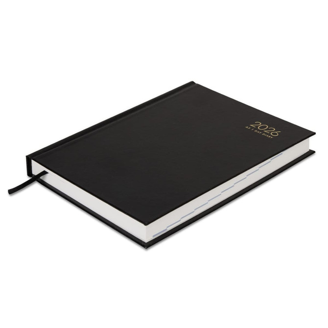 A black A5 diary for 2026, featuring a solid cover and a ribbon bookmark. It includes a logo on the front.