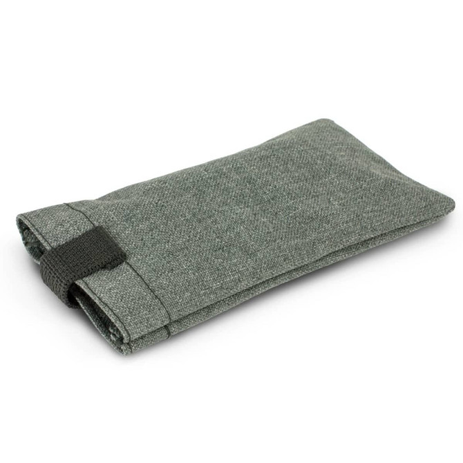 A green fabric pouch with a fold-over flap and a strap for closure. Ideal for storage and organisation.