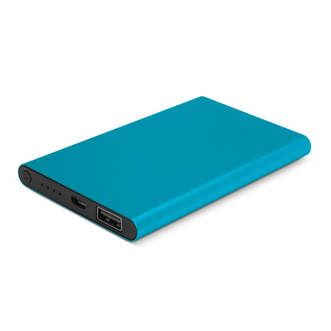 A turquoise power bank with a sleek design, featuring a USB port and a charging input. It has a logo on the surface.