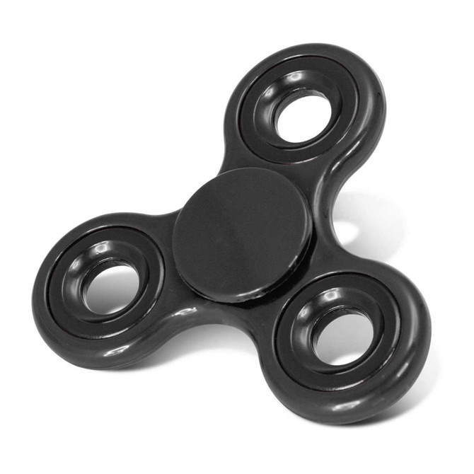 A black fidget spinner with three circular arms and a central knob, featuring a smooth finish.