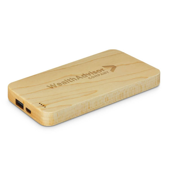 A wooden power bank with a sleek design, featuring multiple ports and a branding logo on the surface.