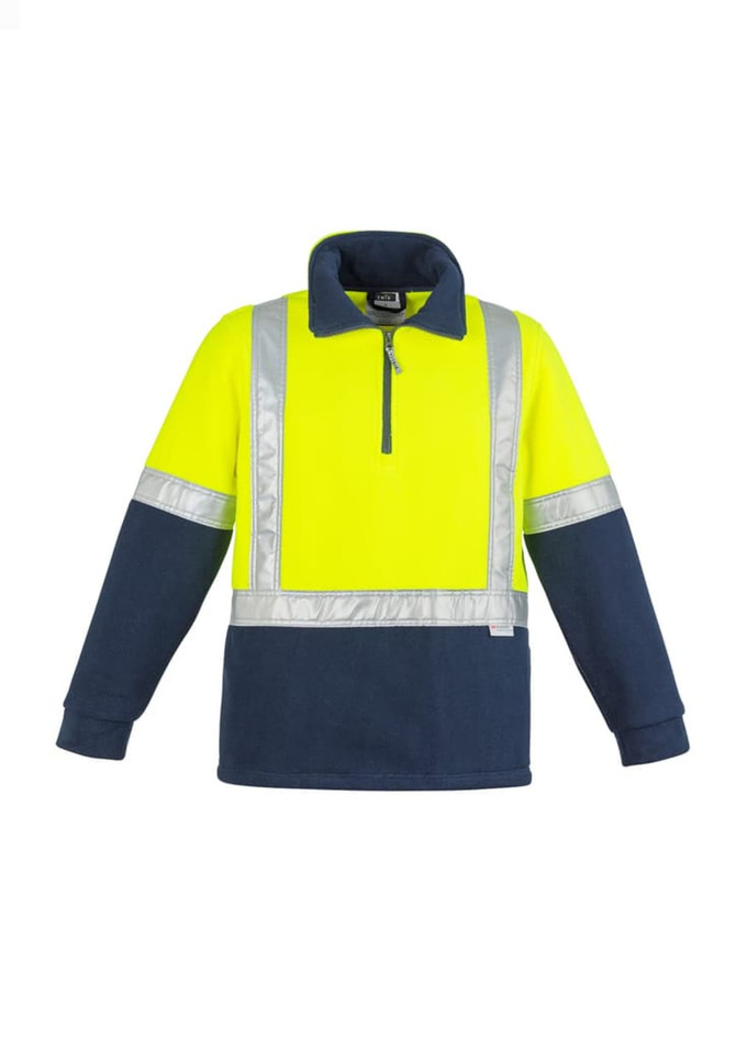 A unisex polar fleece pullover in high visibility yellow and navy, featuring reflective tape and a zip collar.