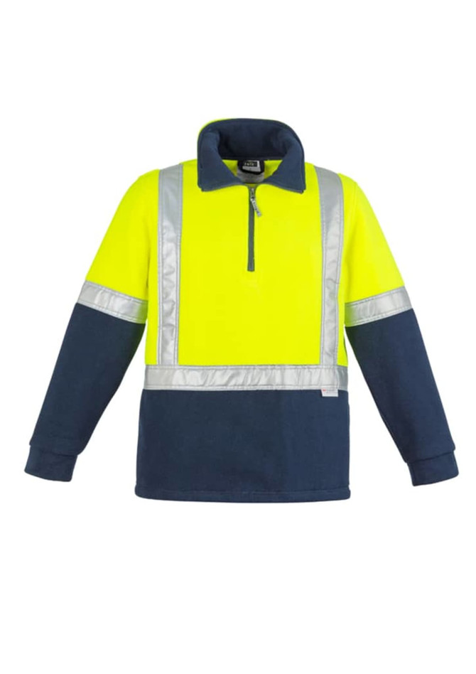 A unisex hi-vis polar fleece pullover in fluorescent yellow and navy, featuring reflective shoulder tape and a zip neck.