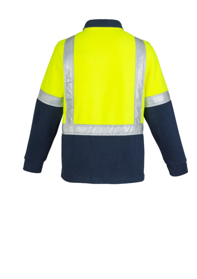 A unisex polar fleece pullover in fluorescent yellow and navy, featuring reflective shoulder tape for visibility.