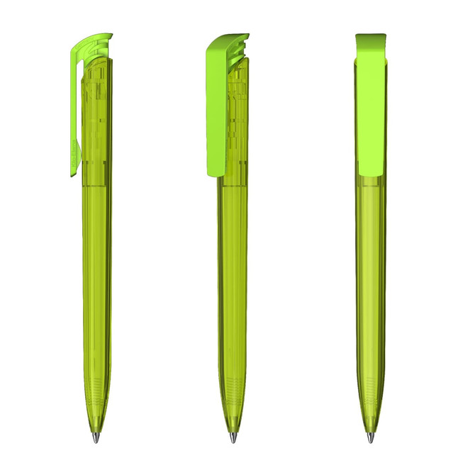 A transparent high gloss green plastic pen with a distinctive clip and sleek design.