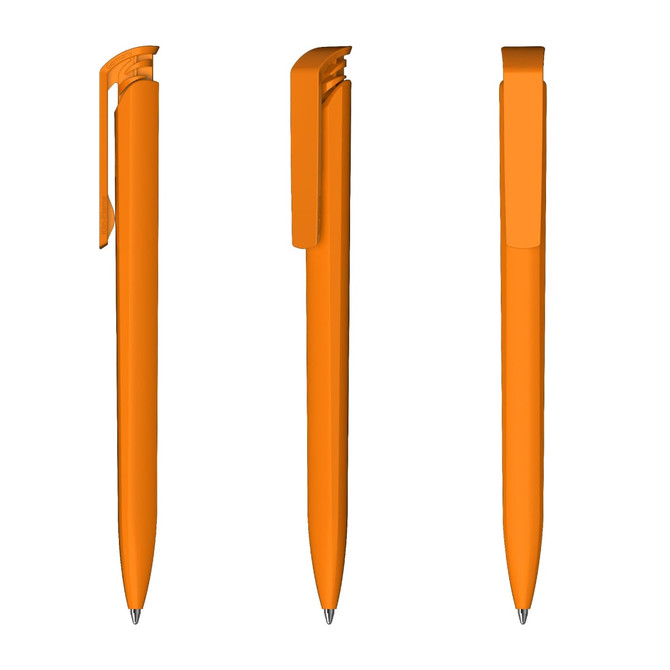 An orange plastic pen featuring a high-gloss finish and a clip, shown from three angles.