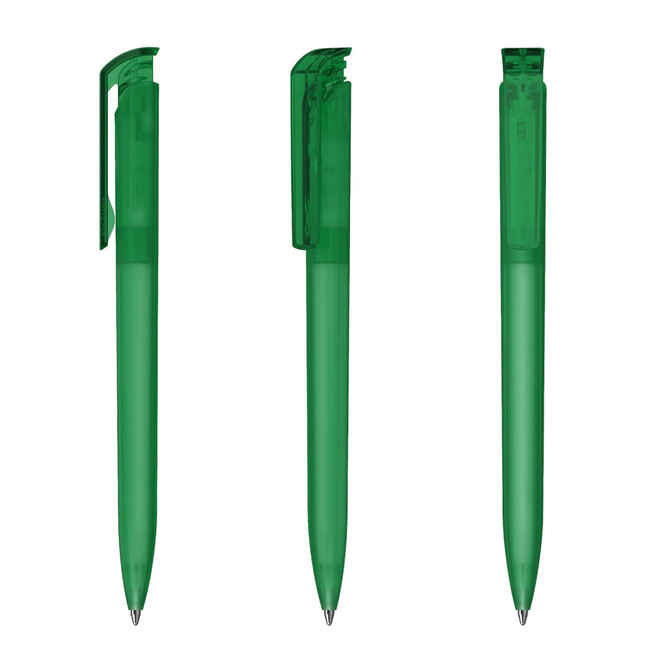 A set of transparent green plastic pens displayed from different angles, featuring a clip and a smooth tip.