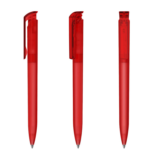 A set of three transparent red plastic pens, displaying different angles and a clip design.