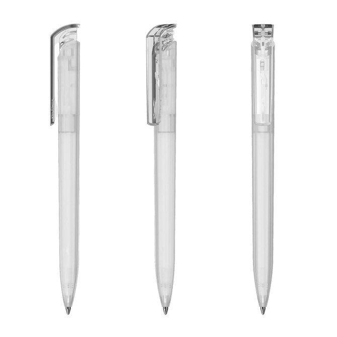 A transparent plastic pen with a silver clip, featuring a minimalist design and smooth barrel.