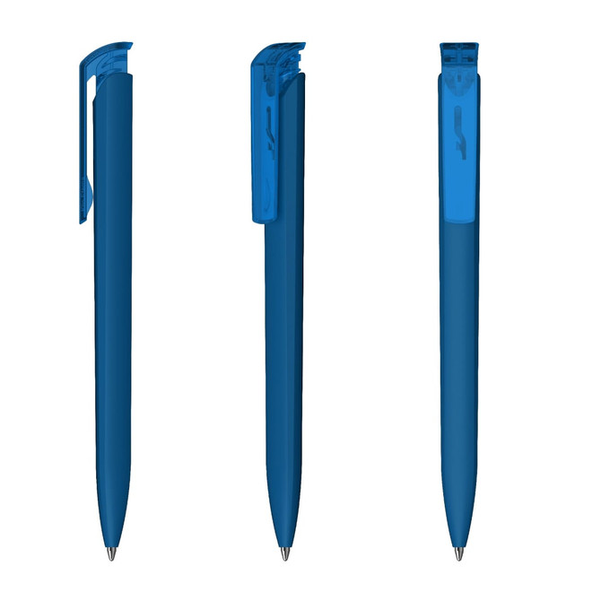 A plastic pen with a transparent blue body and a matching clip, featuring a logo on the side.