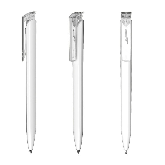 A plastic pen in white with a transparent clip, featuring a sleek design and a branding logo.