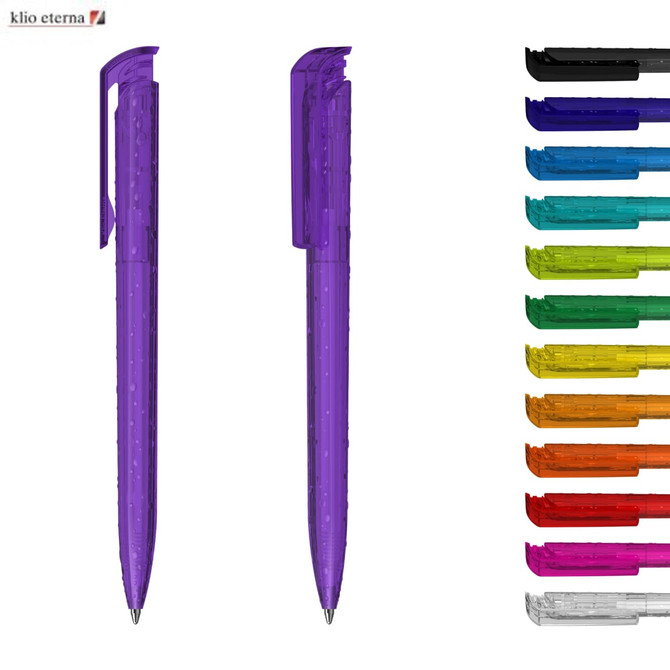 A transparent purple plastic pen with a clip, alongside various other colourful pens in different shades.