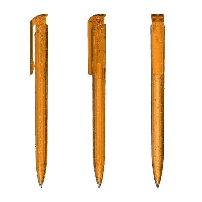 Three transparent orange plastic pens displayed from different angles, featuring a clip and a shiny black tip.