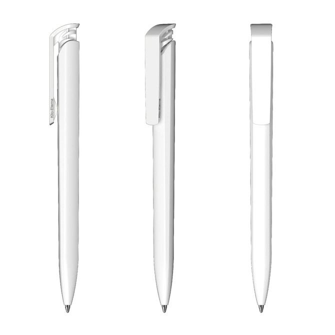 A collection of three sleek white plastic pens with a clip and a minimalist design, featuring a logo.