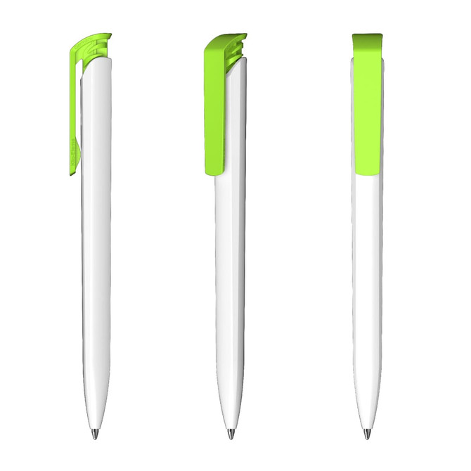 A white pen with a green clip, displayed from three angles. The pen features a simple design and has a logo.