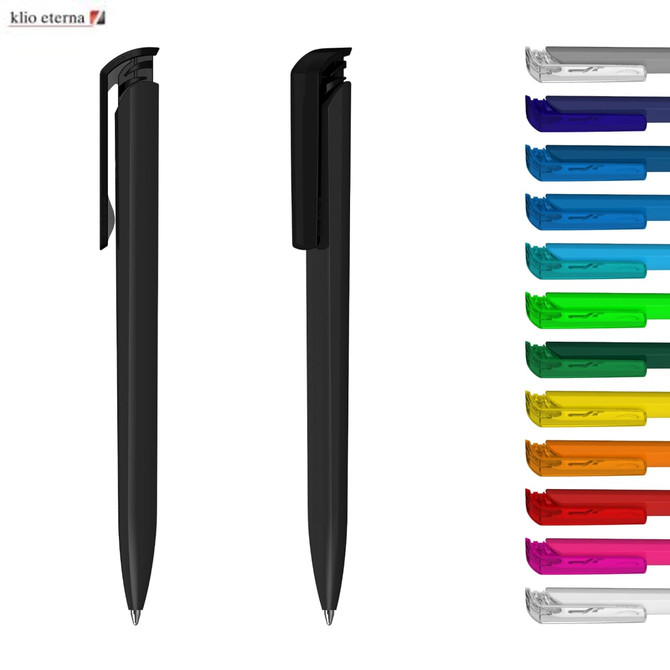 A plastic pen in black, displayed alongside a range of colourful pens. Each pen has a clip and features a logo.