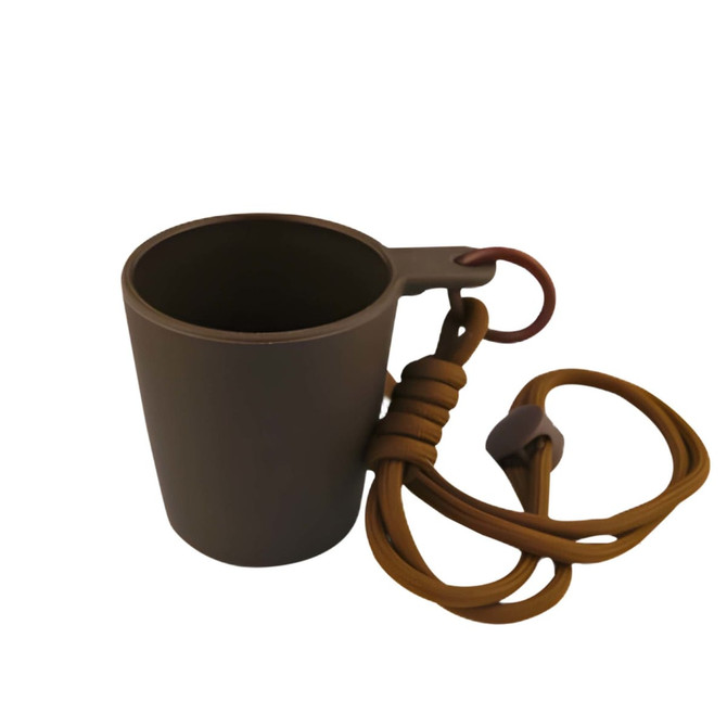 A grey drink cup with a handle and a brown elastic cord attached for easy carrying.