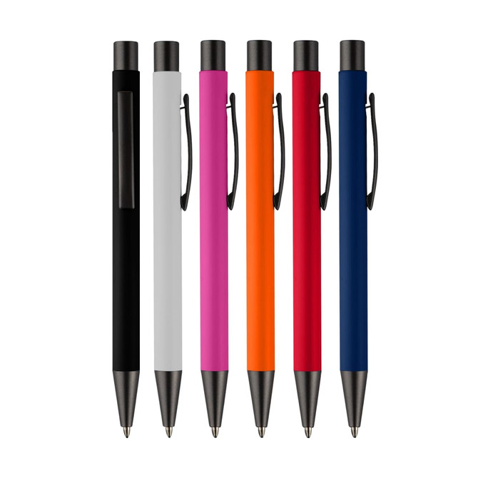 A set of six Camberwell metal pens in black, white, pink, orange, red, and navy. Each features a clip and sleek design.