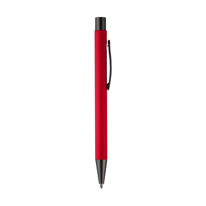 A red metal pen with a black clip and tip, featuring a simple design.