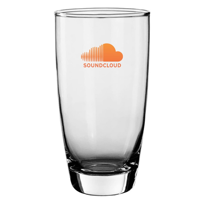 A clear, tall beer glass with a thick base. Features an orange logo. Suitable for serving beverages.