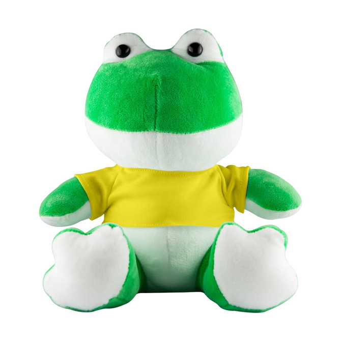 A green frog plush toy with a white belly, wearing a yellow shirt, featuring large eyes and a friendly expression.