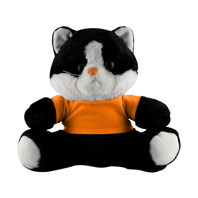 A black and white cat plush toy with a smiling face, wearing an orange shirt, sitting with arms outstretched.