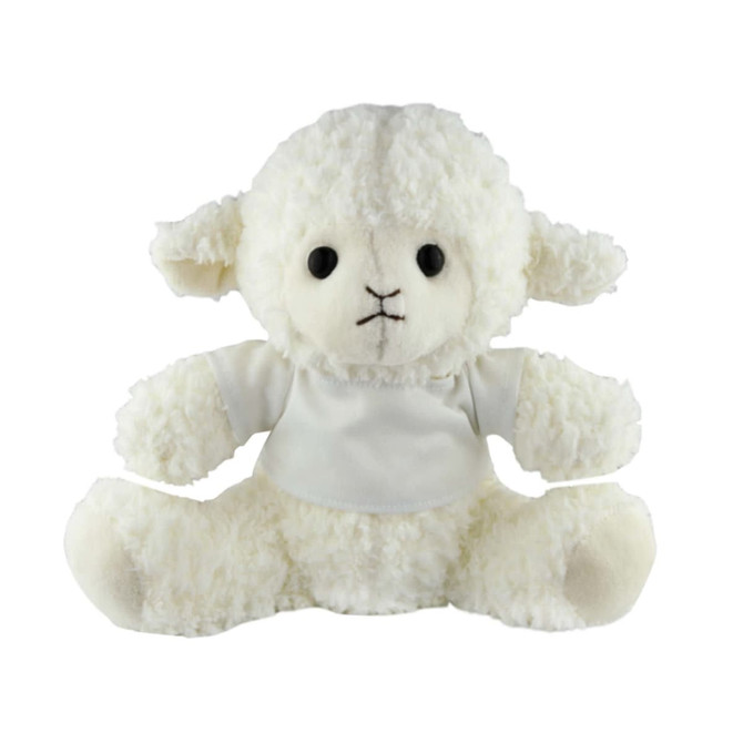 A soft, white sheep plush toy with a simple white shirt and black button eyes, featuring a round, cuddly shape.