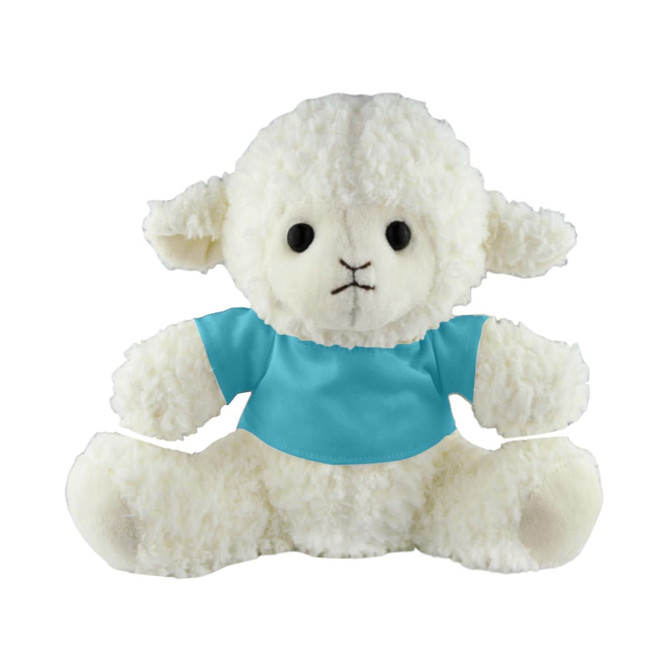 A fluffy white sheep plush toy wearing a blue shirt, sitting with its arms and legs outstretched.