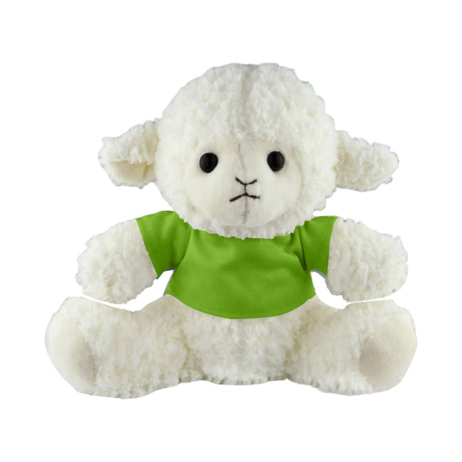 A fluffy sheep plush toy in white, wearing a bright green shirt, with black button eyes and stitched details.