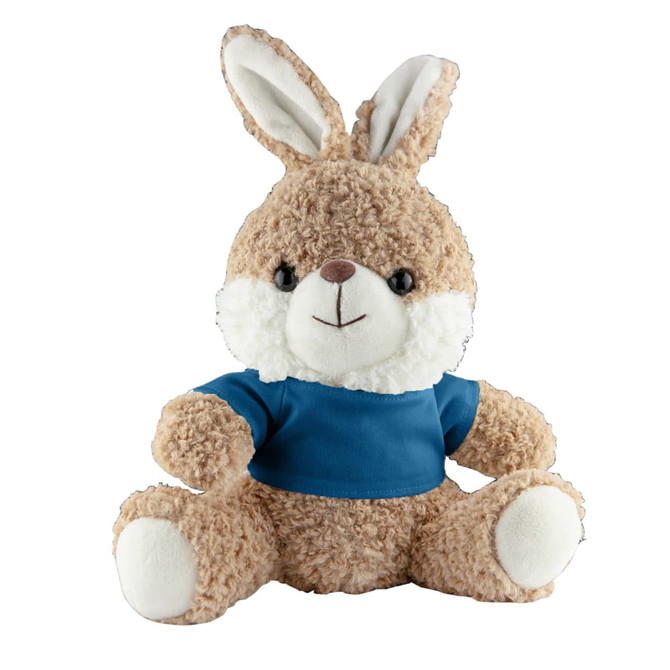 A soft plush rabbit in a blue shirt, featuring brown and white fur with large floppy ears. It has a friendly expression.