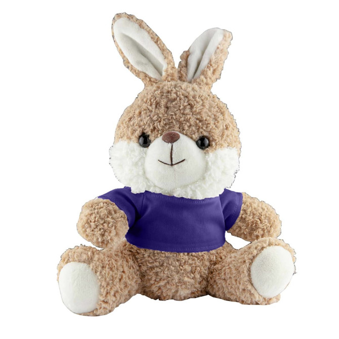 A plush rabbit toy with soft brown fur, white accents, and a purple shirt, sitting upright with a friendly expression.