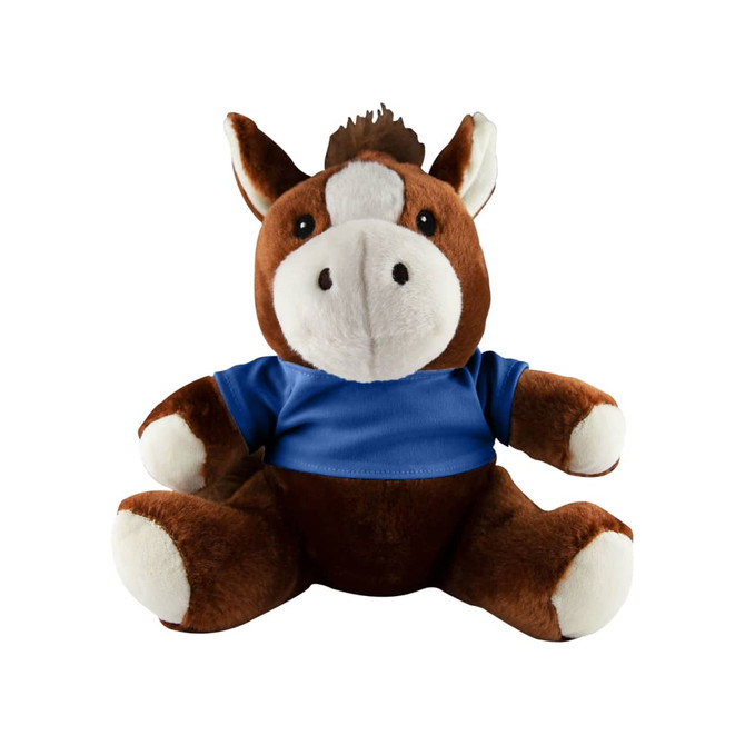 A brown horse plush toy wearing a blue shirt, with a cute face and soft fur. It has a logo on its shirt.