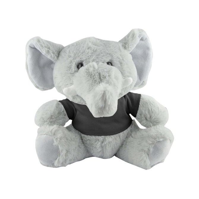 A grey plush elephant with large ears and a grey shirt, seated and looking forward. It has a simple design and soft texture.