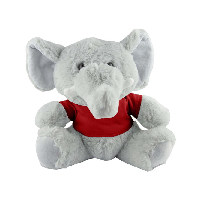 A grey elephant plush stuffed toy wearing a red shirt, featuring large ears and a friendly expression.