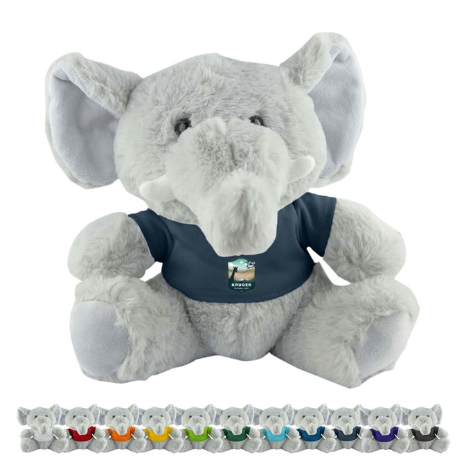 A grey plush elephant with a blue shirt, featuring a logo, surrounded by smaller colourful elephant plush toys.