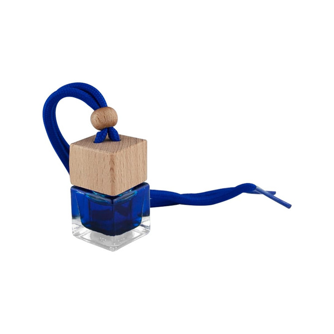 A blue car reed diffuser in a square glass bottle with a wooden top and a blue cord.