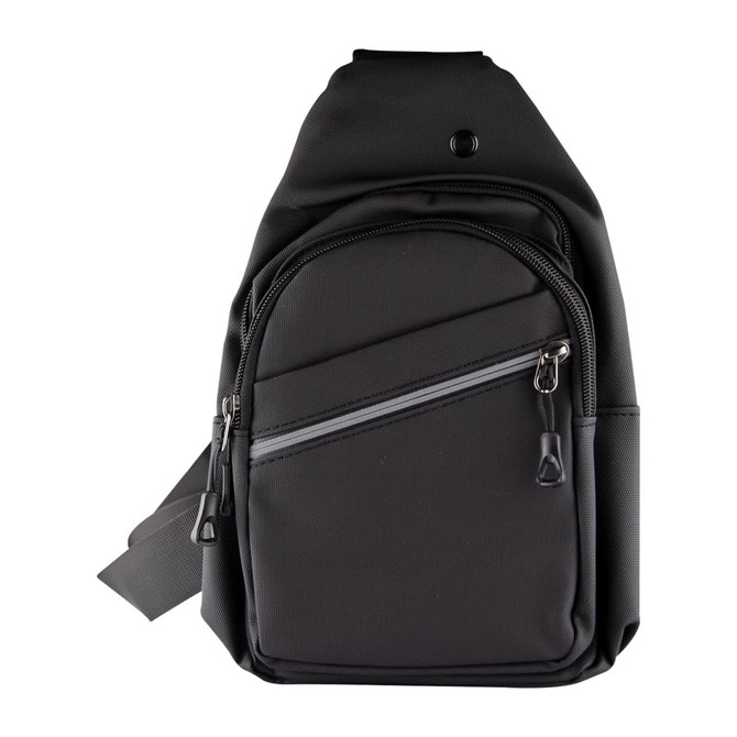 A black sling bag with multiple zippered pockets and a shoulder strap, featuring a brand logo.